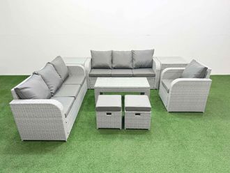 Fimous 9 Seater Poly Rattan Outdoor Garden Furniture Oblong Coffee Table Sofa Set Patio 3 Seater Sofa Reclining Chair 3 Seater Sofa Stools 2 Side