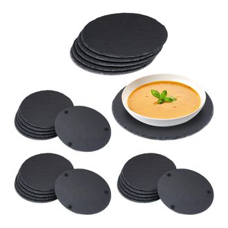 Relaxdays 24 Platos De Pizarra Redondos, 25 Cm, Para Servir Y Escribir, Buffet, Bandeja Piedra Cuadrada, Antracita