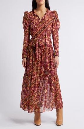 Julia Jordan Print Long Sleeve Chiffon Tiered Dress in Red Multi at Nordstrom Rack, Size 10