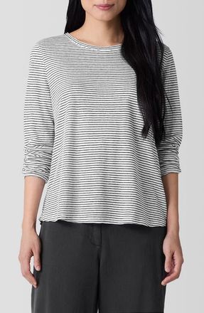 Eileen Fisher Stripe Organic Linen Long Sleeve T-Shirt in White/Black at Nordstrom, Size Large