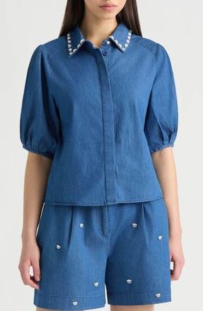 NVLT Embellished Puff Sleeve Top in Denim Blue at Nordstrom Rack, Size X-Small