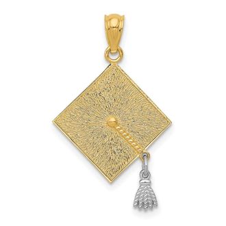 Diamond2Deal 14k Yellow Gold White Rhodium 3-D Graduation Cap Moveable Tassel Pendant