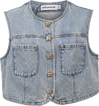 Self Portrait Rhinestone Crop Top in Blue Denim