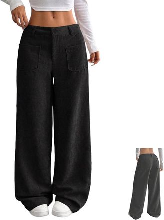Generic Corduroy Pants Women Baggy Tall Cord Wide Leg Trousers, Corduroy Straight Leg Lounge Pants with Pockets (Black,L)