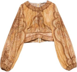 Zimmermann Paisley Ballonmouw Cropped Top - Dames - Blouses - Beige - S - Leer - Overhemden