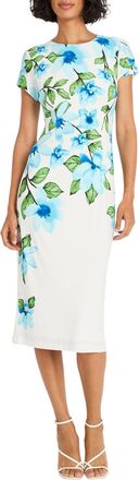 Maggy London Cap Sleeve Floral Sheath Dress In Ivory Aqua