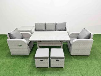 Fimous PE Rattan Garden Furniture Set Reclining Chair Sofa Lounge Sofa Set Rectangular Dining Table Side Table 2 Small Stools Light Grey