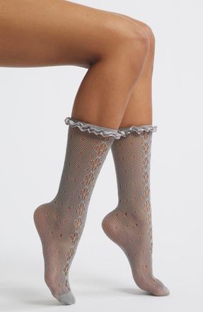 High Heel Jungle Mimi Satin Ruffle Lace Crew Socks in Grey at Nordstrom