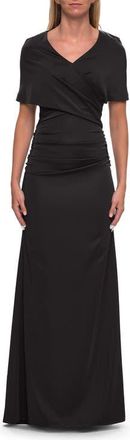 La Femme Jersey Gown with Draped Bodice and Short Sleeves in Black at Nordstrom, Size 10