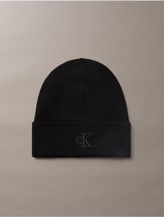 Calvin Klein Mens Monogram Embroidery Fine Rib Beanie - Black