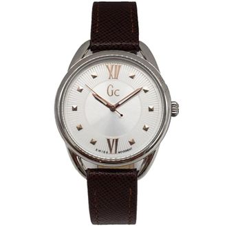 Guess Gc Brown Leather Quartz White Dial Ladies Watch Y13006L1
