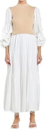 English Factory Layered Mixed Media Maxi Dress in Beige at Nordstrom, Size X-Small