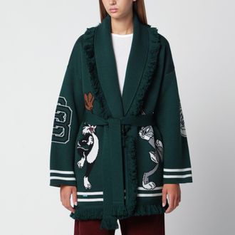 Alanui Forest green wool cardigan with Bugs Bunny and Sylvester