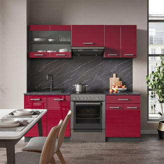 Vicco Mueble De Cocina R-line, Burdeos Brillo Intenso/antracita, 200 Cm, Et Roble