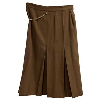 Victoria Beckham Embellished Pleated Midi Skirt in Brown Virgin Wool