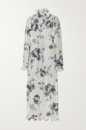 Erdem Abito In Raso Stretch Stampato Plissé Con Ruches Novella - Blu