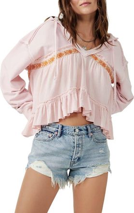 Free People Harry Mix Media Ruffle Cotton Hoodie in Pink Champagne at Nordstrom, Size Medium