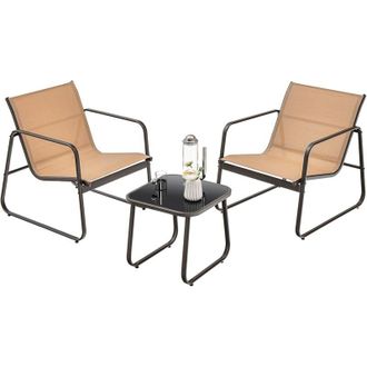 Costway Set Tavolino e Sedie da Giardino, Set Bistr&ograve; 3 Pezzi, Set da Giardino in Metallo e Tessuto Textilene, Tavolino in Vetro Temperato, per Giardino