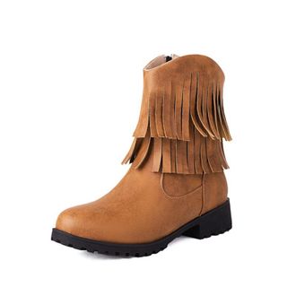 Generic Womens Mid Calf Boots Double Layer Fringe Faux Suede Upper Round Toe Low Block Heel Lug Sole Side Zip Closure Soft Lining Cushioned Insole Anti Slip,Y