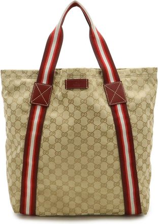 Gucci Beige Multi-Color Red Color Canvas Leather Shoulder Bag Tote Bag (Pre-Owned)