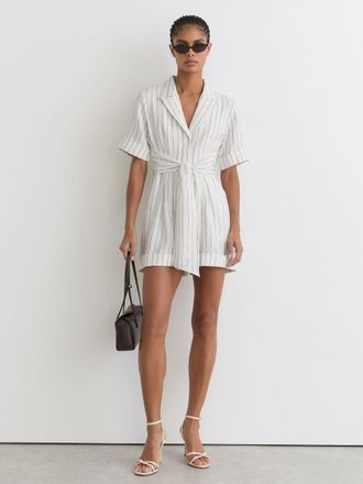 Reiss Linen Pinstripe Belted Playsuit, 14