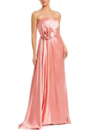 Mac Duggal Womens Strapless Satin Gown with Floral 3D Accent in Coral at Nordstrom, Size 14