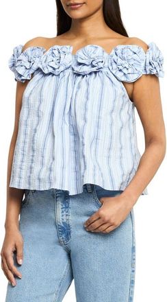 Cinq &agrave; Sept Kelsey Off the Shoulder Cotton Blend Seersucker Top in Blue Multi at Nordstrom, Size Xx-Small