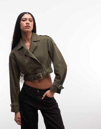 AllSaints Ophelia - Giacca corta in pelle scamosciata verde kaki con cintura