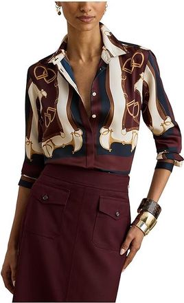Lauren Ralph Lauren Classic Fit Equestrian-Print Twill Shirt Womens Clothing Navy/Cream : XL, Polyester/Twill