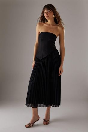 Warehouse Womens Bandeau Bodice Pleated Chiffon Midi Dress - Black - Size 12 UK