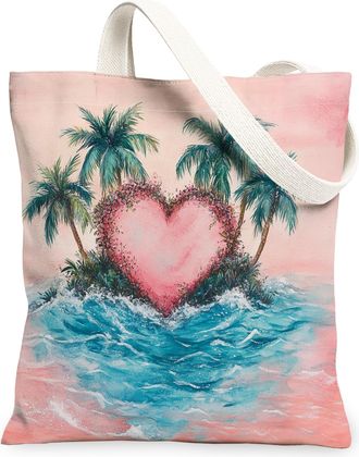 Generic Tropical Heart Canvas Tote Bags, Palm Tree Design Reusable Grocery Bags, Summer Bohemian Eco-Friendly Lightweight Washable Canvas for Beach Travel 13x