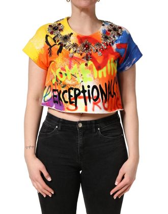Dolce & Gabbana Womens Multicolor Graffiti Crystals Crop Jersey Top Cotton