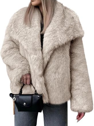Generic Womens Fall and Winter Elegant Classic Lapel Fluffy Warm Faux Fur Coat Fashion Street Trend Business Loose Soft Solid Color Coat (Beige,M)