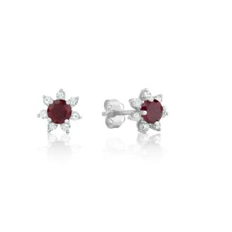 MAX + STONE 14k Yellow or White Gold Gemstone and 4mm Diamond Flower Halo Stud Earrings