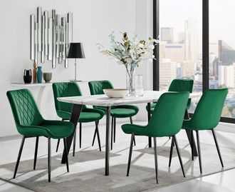 Furniturebox Andria White Marble Effect & Black Leg 6 Seater Dining Table & 6 Pesaro Soft Velvet Chairs in Green