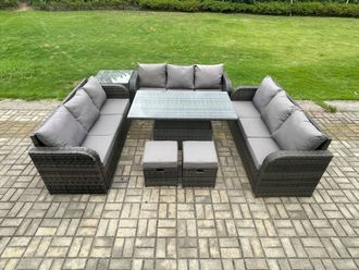 Fimous Patio Garden Dining Set Outdoor Rattan Furniture Lounge Sofa Height Adjustable Rising lifting Table in Dark Grey