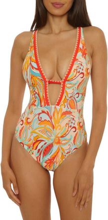 Lucky Brand Phuket Embroidered Trim Plunge One-Piece Swimsuit in Ivory/Aqua/Orange Multi at Nordstrom, Size Medium