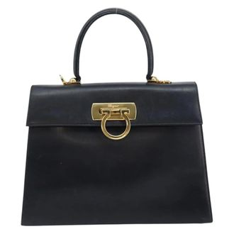 Ferragamo Gancini Convertible Top Handle Leather Navy Leather Handbag (Pre-Owned)