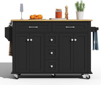 STILVORA Carro De Cocina Con 5 Cajones, 2 Armarios, Encimera Abatible Y Ruedas, Mdf, Negro Natural, 140 X 40 X 89 Cm