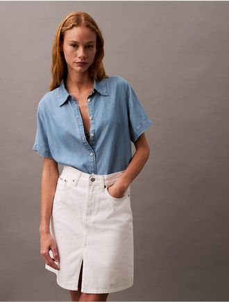 Calvin Klein Jeans Calvin Klein Womens Lyocell Button-Down Short Sleeve Shirt - Blue - XS