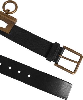 Dolce & Gabbana Black Leather Side Rings Brass Buckle Mens Belt