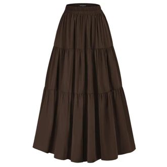 Generic Women Tiered Skirt Elastic High Waist Swing Skirt Vintage Lady Irregular Hem Flouncing Long Skirts-Coffee-XL
