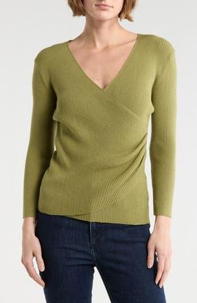 Max Studio Three-Quarter Sleeve Faux Wrap Sweater in Leaf at Nordstrom Rack, Size X-Large