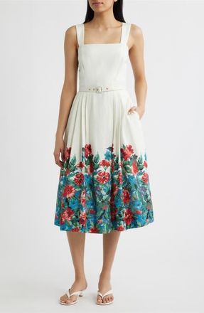Tahari by ASL Belted Border Print Sleeveless Midi Dress in Ivory Multi at Nordstrom, Size 14
