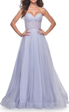 La Femme Sweetheart Tulle and Rhinestone Prom Dress with Illusion Detail in Light Periwinkle at Nordstrom, Size 12