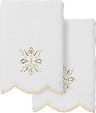 Linum Home Textiles 100% Turkish Cotton Flower Crest Scallop 2Pc Embellished Fingertip Towel Set