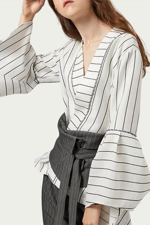 Fangyán Ronnie Pinstripe Wrap Blouse In White/grey