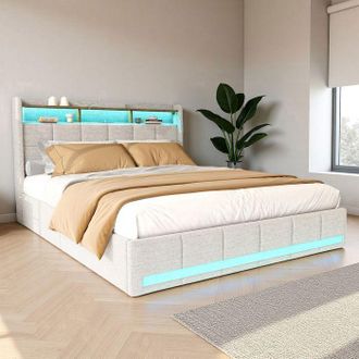 OEM Cama 140x190 Cm - Usb Y Type-c - Led - Tejido De Lino - Marco De Cama Doble 140x190 Cm - Beige