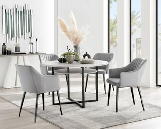 Furniturebox Adley Grey Concrete Effect Round Dining Table & 4 Calla Black Leg Velvet Chairs in Cream