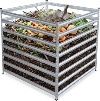 Relaxdays Compostador Met&aacute;lico Relaxdays, Biocompostador De Jard&iacute;n, 90 X 90 X 90 Cm, 729 L, Hojas, Barras, Acero, Plateado